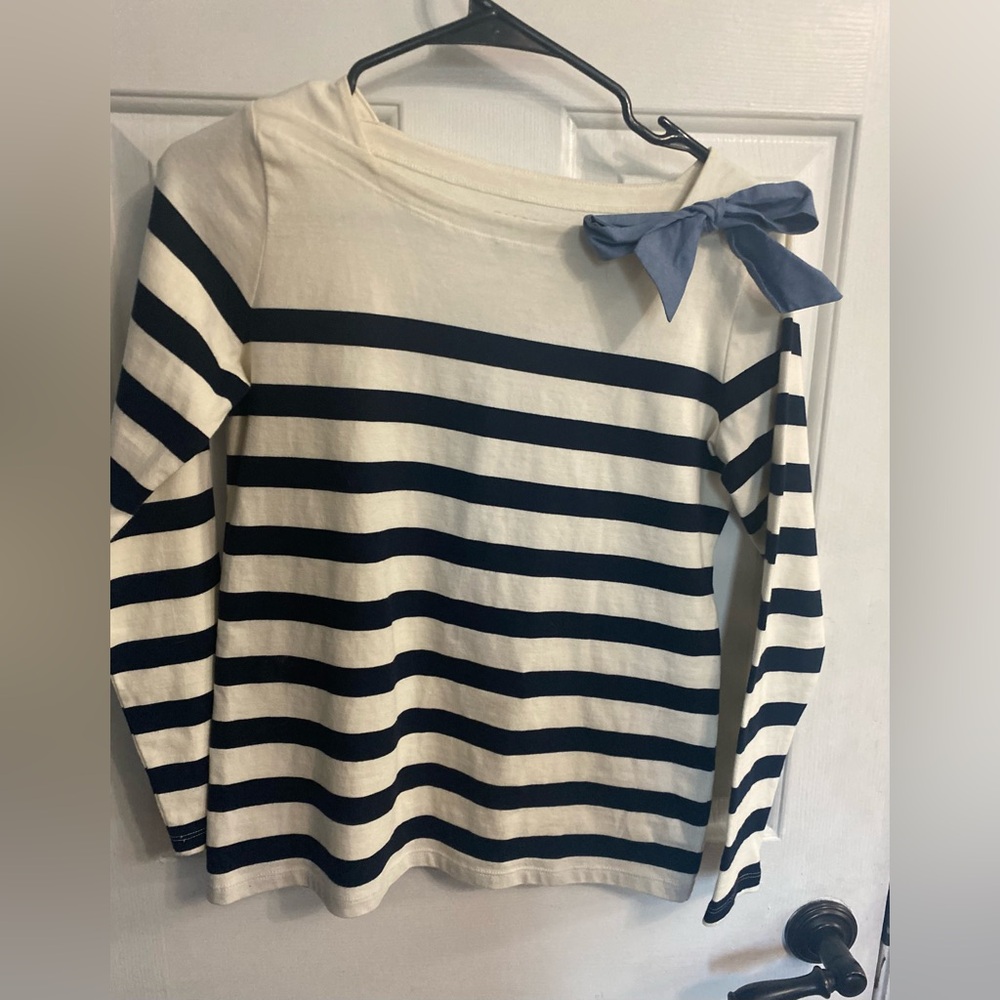 Talbots Cream and Blue Top with Bow Detail